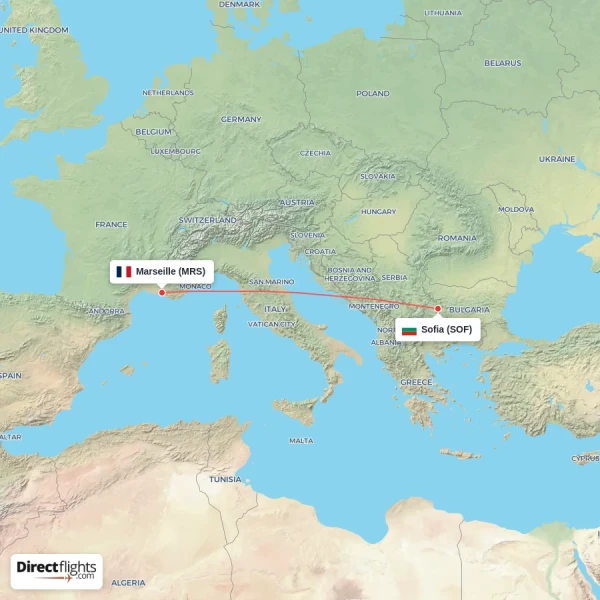Marseille - Sofia direct flight map