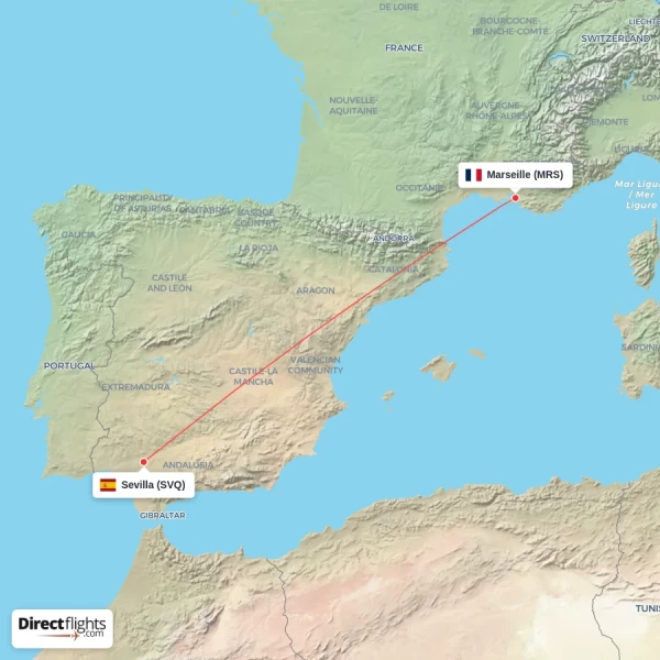 Marseille - Sevilla direct flight map