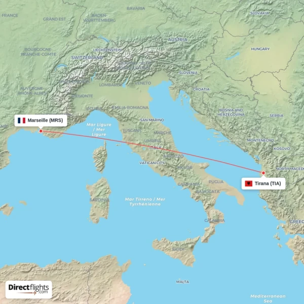 Marseille - Tirana direct flight map