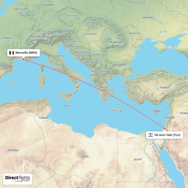 Marseille - Tel Aviv-Yafo direct flight map