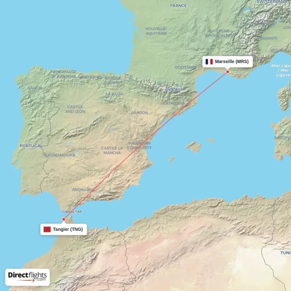 Marseille - Tangier direct flight map