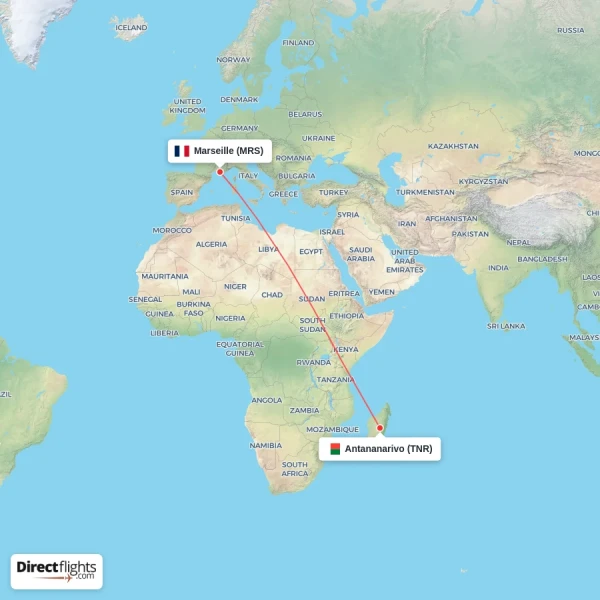 Marseille - Antananarivo direct flight map