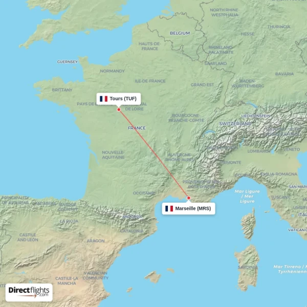 Marseille - Tours direct flight map