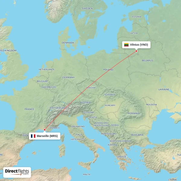 Marseille - Vilnius direct flight map
