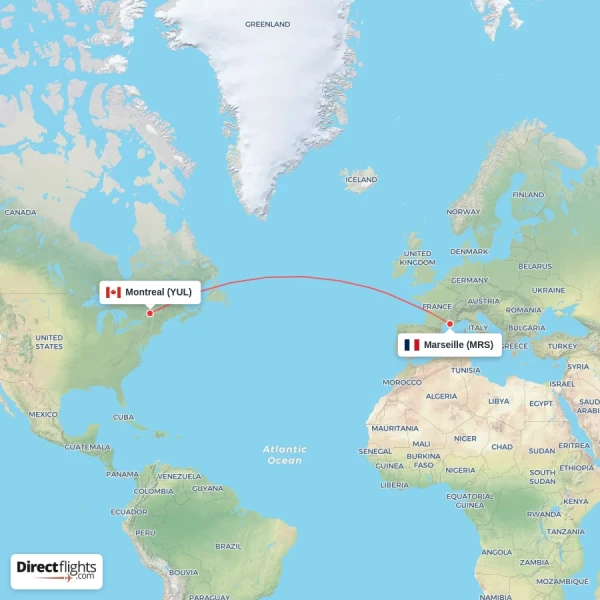 Marseille - Montreal direct flight map