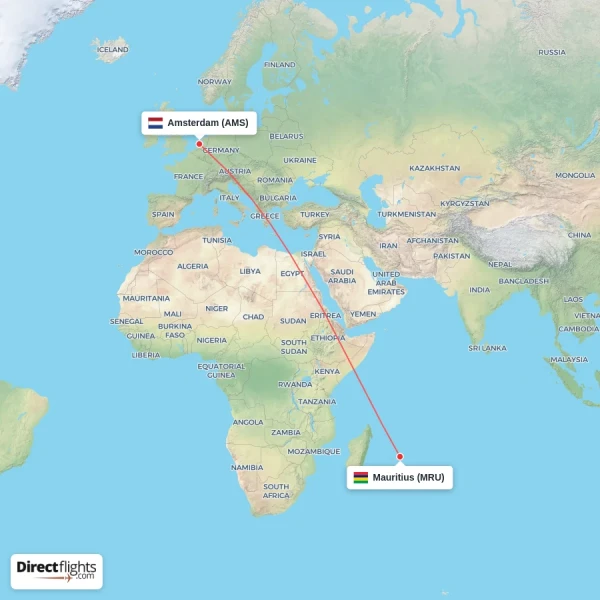 Mauritius - Amsterdam direct flight map