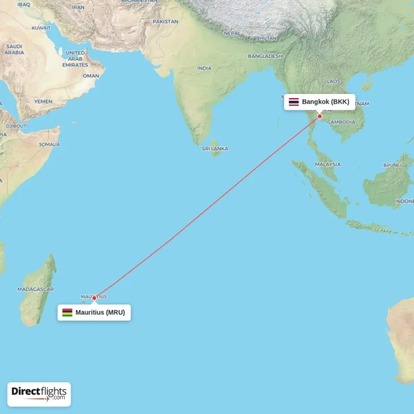 Mauritius - Bangkok direct flight map