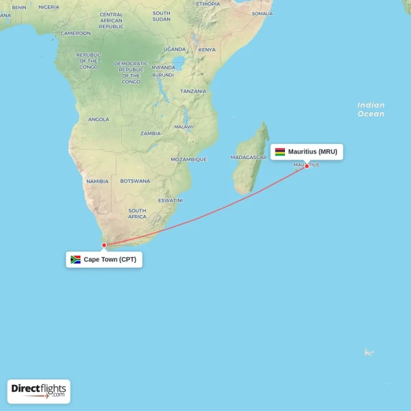 Mauritius - Cape Town direct flight map