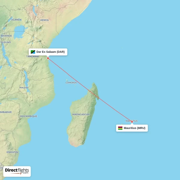 Mauritius - Dar Es Salaam direct flight map