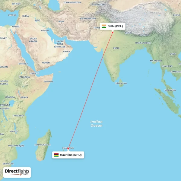 Mauritius - Delhi direct flight map