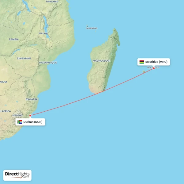 Mauritius - Durban direct flight map