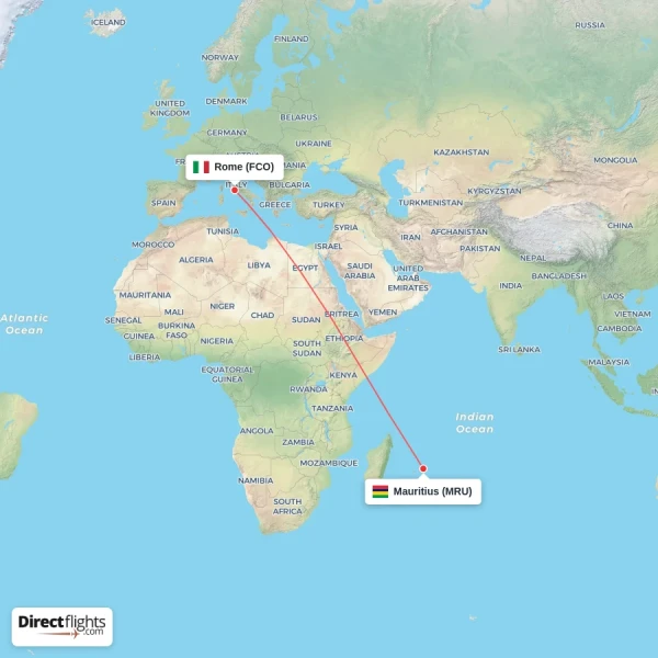 Mauritius - Rome direct flight map