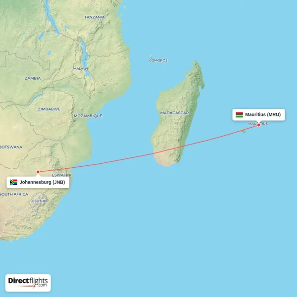 Mauritius - Johannesburg direct flight map