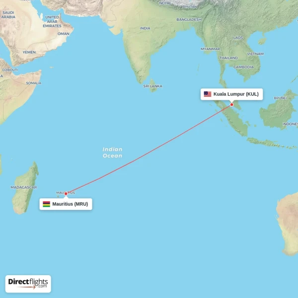 Mauritius - Kuala Lumpur direct flight map