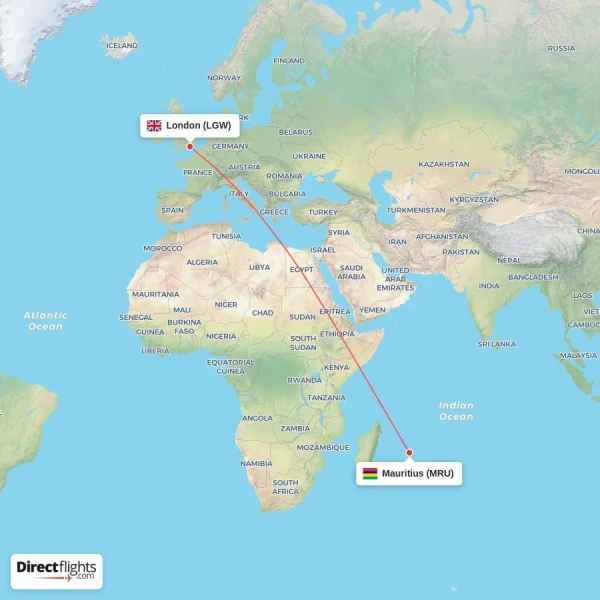 Mauritius - London direct flight map