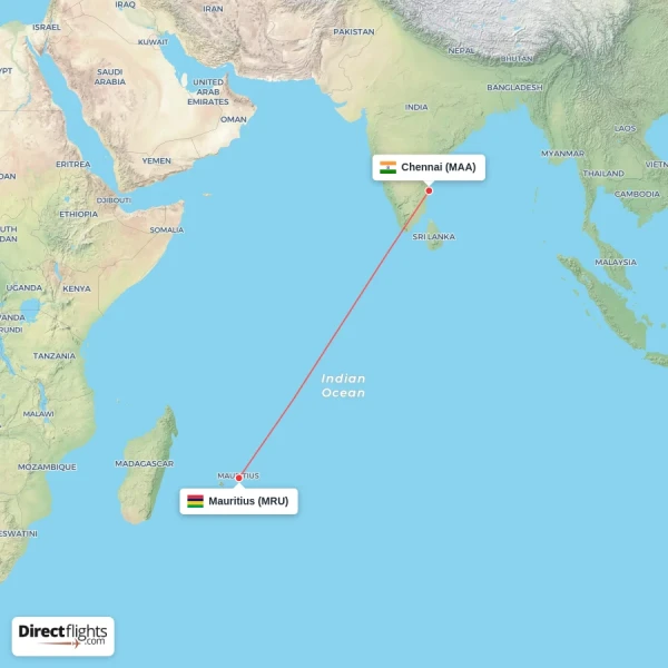 Mauritius - Chennai direct flight map