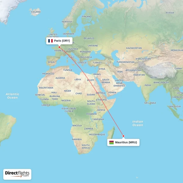 Mauritius - Paris direct flight map
