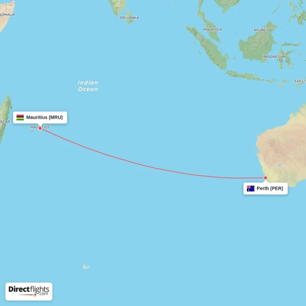 Mauritius - Perth direct flight map