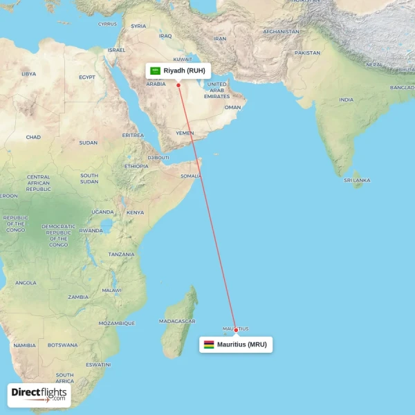 Mauritius - Riyadh direct flight map