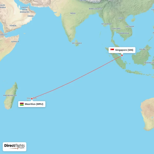 Mauritius - Singapore direct flight map