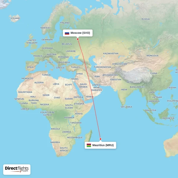 Mauritius - Moscow direct flight map