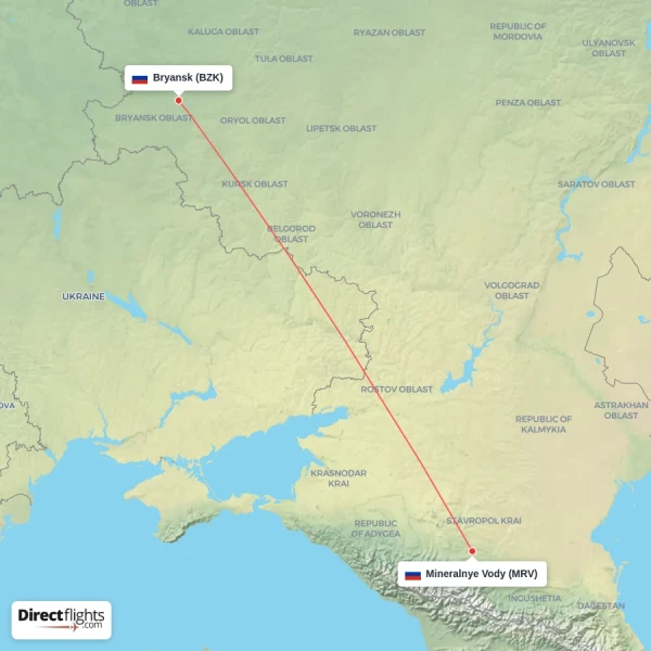 Mineralnye Vody - Bryansk direct flight map