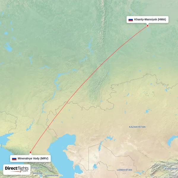 Mineralnye Vody - Khanty-Mansiysk direct flight map