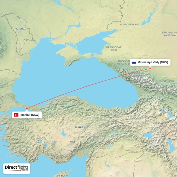 Mineralnye Vody - Istanbul direct flight map