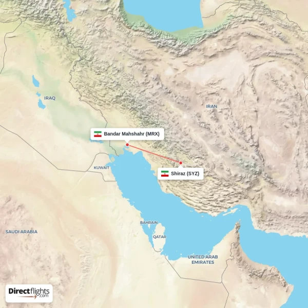 Bandar Mahshahr - Shiraz direct flight map
