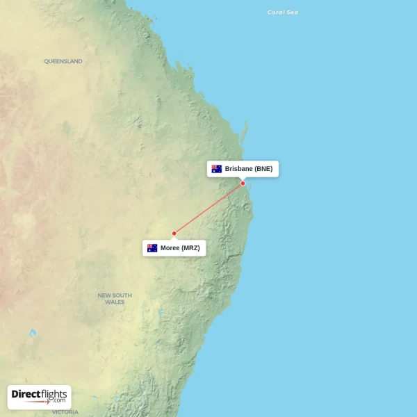 Moree - Brisbane direct flight map