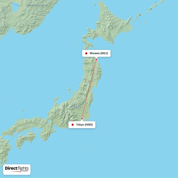 Misawa - Tokyo direct flight map