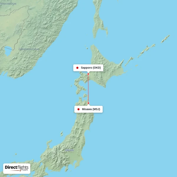Misawa - Sapporo direct flight map