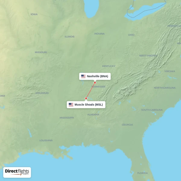 Muscle Shoals - Nashville direct flight map