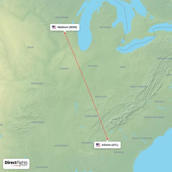 Madison - Atlanta direct flight map