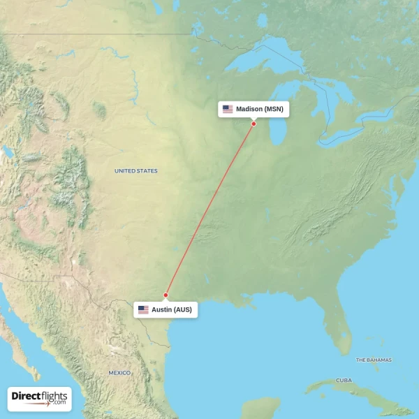 Madison - Austin direct flight map