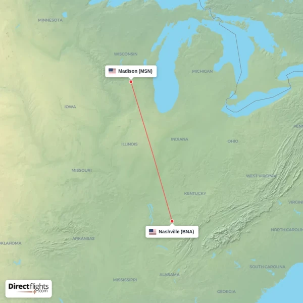Madison - Nashville direct flight map