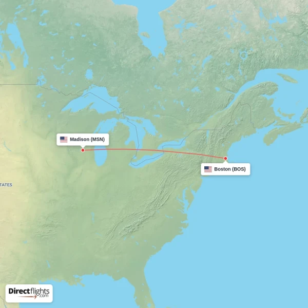 Madison - Boston direct flight map