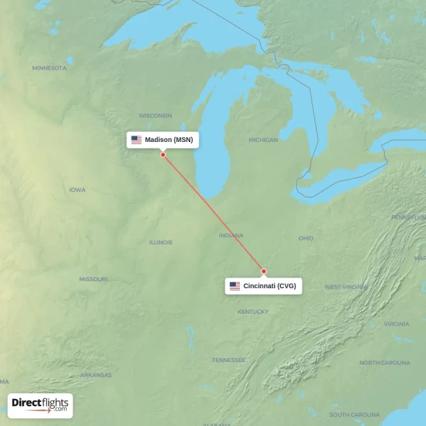 Madison - Cincinnati direct flight map