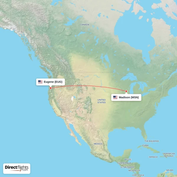 Madison - Eugene direct flight map