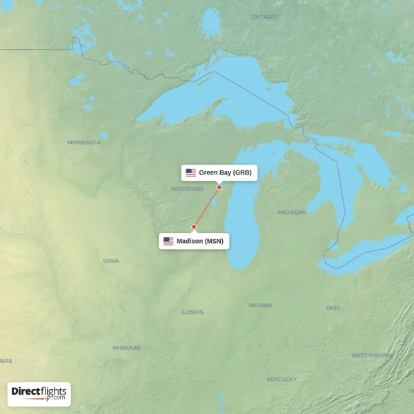 Madison - Green Bay direct flight map