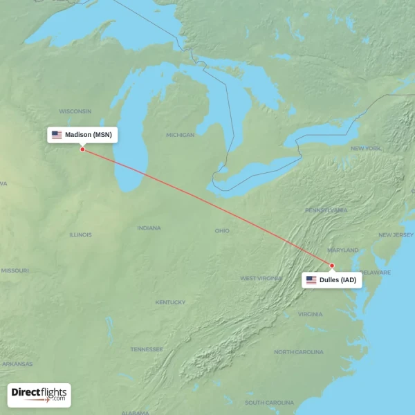 Madison - Dulles direct flight map