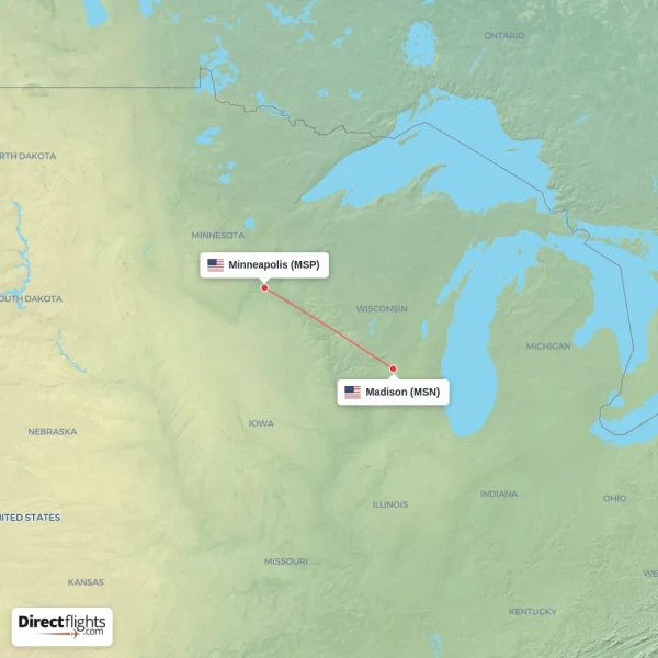 Madison - Minneapolis direct flight map
