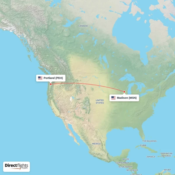 Madison - Portland direct flight map