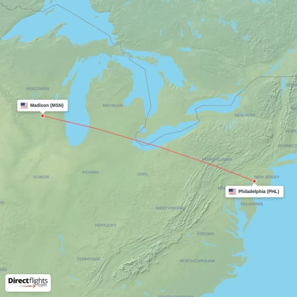 Madison - Philadelphia direct flight map