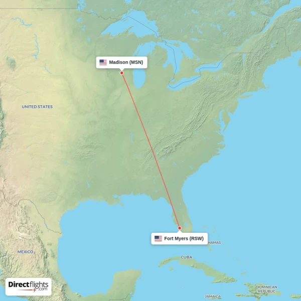 Madison - Fort Myers direct flight map