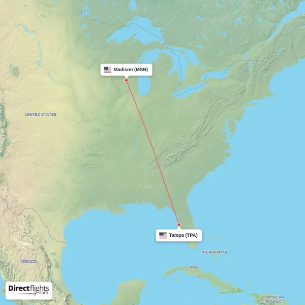 Madison - Tampa direct flight map