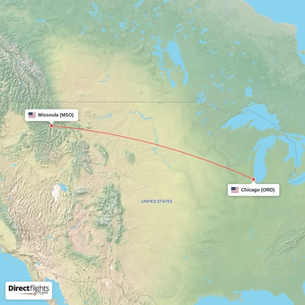 Missoula - Chicago direct flight map