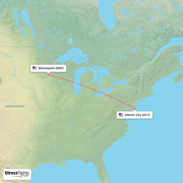 Minneapolis - Atlantic City direct flight map