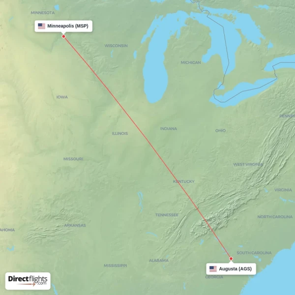 Minneapolis - Augusta direct flight map