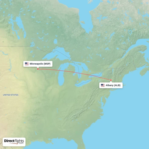 Minneapolis - Albany direct flight map